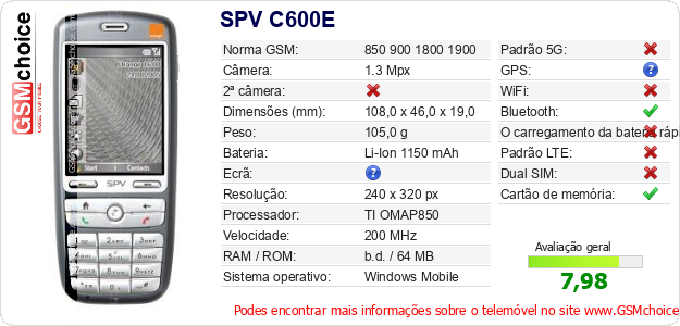 SPV C600E Especificações técnicas do telemóvel 