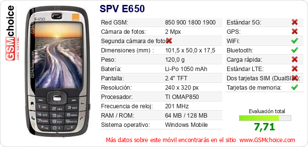 SPV E650 Datos técnicos del móvil SPV E650 Datos técnicos del móvil
