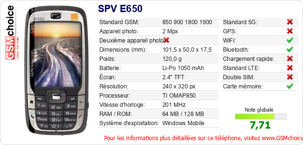 SPV E650 Fiche technique