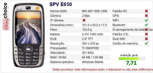 SPV E650 Especificações técnicas do telemóvel SPV E650 Especificações técnicas do telemóvel