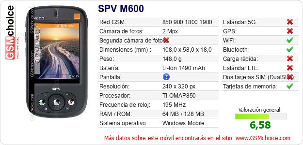 SPV M600 Datos técnicos del móvil SPV M600 Datos técnicos del móvil