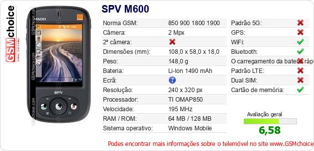SPV M600 Especificações técnicas do telemóvel SPV M600 Especificações técnicas do telemóvel