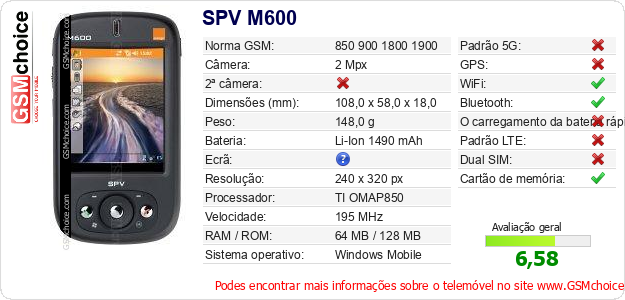 SPV M600 Especificações técnicas do telemóvel SPV M600 Especificações técnicas do telemóvel