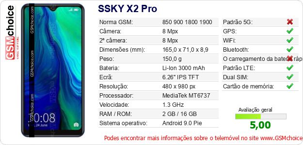 SSKY X2 Pro Especificações técnicas do telemóvel SSKY X2 Pro Especificações técnicas do telemóvel