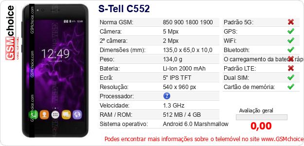 S-Tell C552 Especificações técnicas do telemóvel 