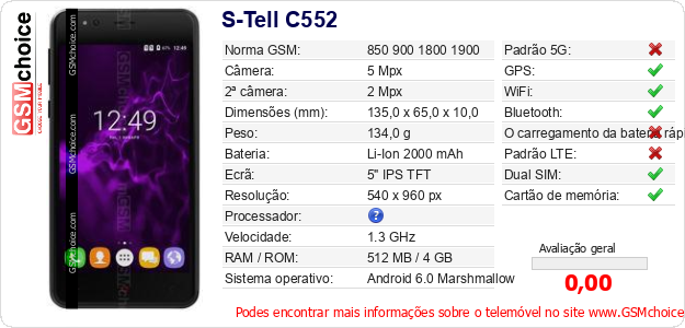 S-Tell C552 Especificações técnicas do telemóvel 
