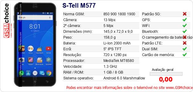 S-Tell M577 Especificações técnicas do telemóvel S-Tell M577 Especificações técnicas do telemóvel