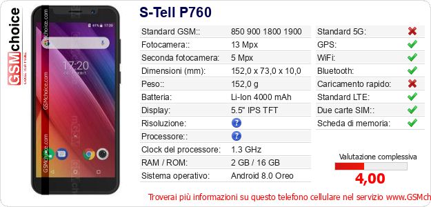 S-Tell P760 Dati tecnici di telefono cellulare S-Tell P760 Dati tecnici di telefono cellulare