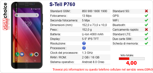 S-Tell P760 Dati tecnici di telefono cellulare 
