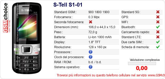 S-Tell S1-01 Dati tecnici di telefono cellulare S-Tell S1-01 Dati tecnici di telefono cellulare
