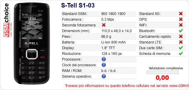S-Tell S1-03 Dati tecnici di telefono cellulare S-Tell S1-03 Dati tecnici di telefono cellulare