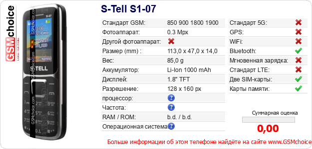 S-Tell S1-07 Технические данные телефона S-Tell S1-07 Технические данные телефона