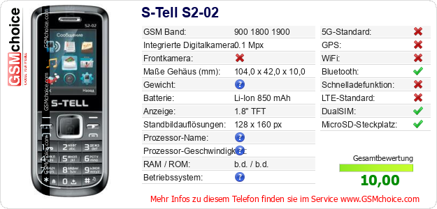 S-Tell S2-02 technische Daten S-Tell S2-02 technische Daten