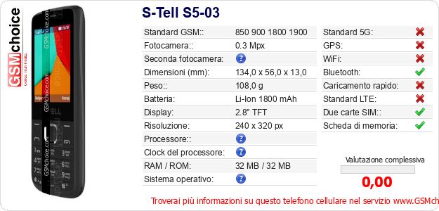 S-Tell S5-03 Dati tecnici di telefono cellulare S-Tell S5-03 Dati tecnici di telefono cellulare