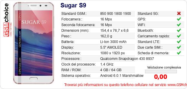 Sugar S9 Dati tecnici di telefono cellulare 