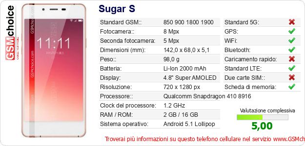 Sugar S Dati tecnici di telefono cellulare Sugar S Dati tecnici di telefono cellulare