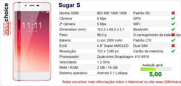 Sugar S Especificações técnicas do telemóvel Sugar S Especificações técnicas do telemóvel