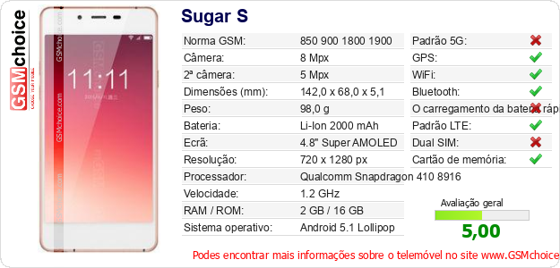 Sugar S Especificações técnicas do telemóvel Sugar S Especificações técnicas do telemóvel