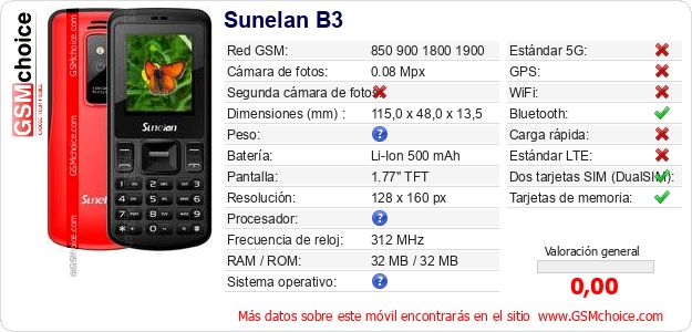 Sunelan B3 Datos técnicos del móvil 
