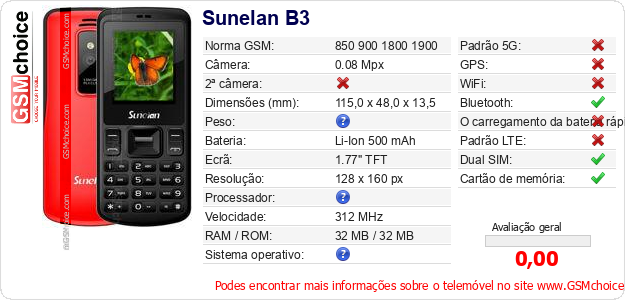 Sunelan B3 Especificações técnicas do telemóvel 
