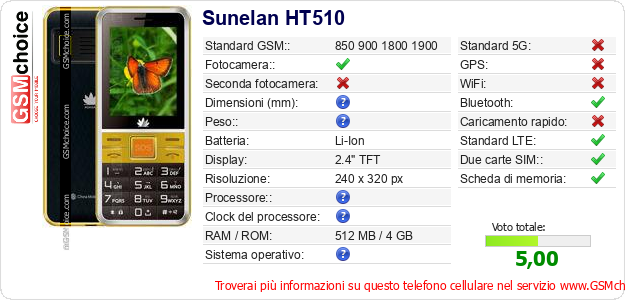 Sunelan HT510 Dati tecnici di telefono cellulare Sunelan HT510 Dati tecnici di telefono cellulare