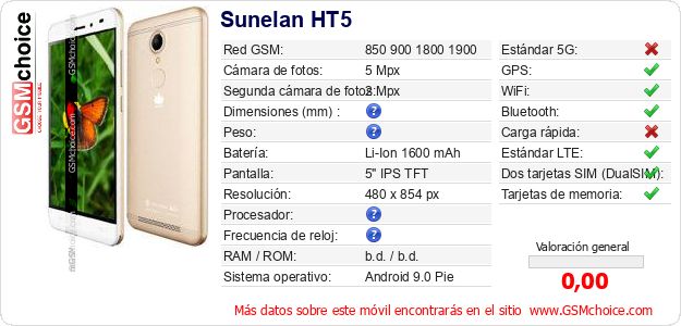 Sunelan HT5 Datos técnicos del móvil Sunelan HT5 Datos técnicos del móvil