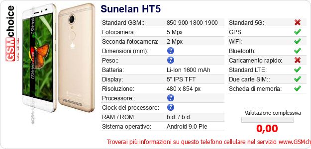 Sunelan HT5 Dati tecnici di telefono cellulare 