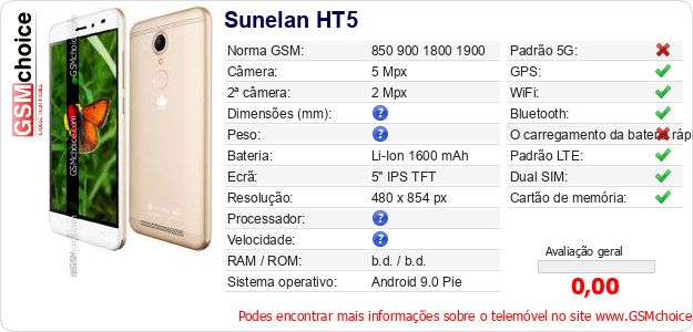 Sunelan HT5 Especificações técnicas do telemóvel 