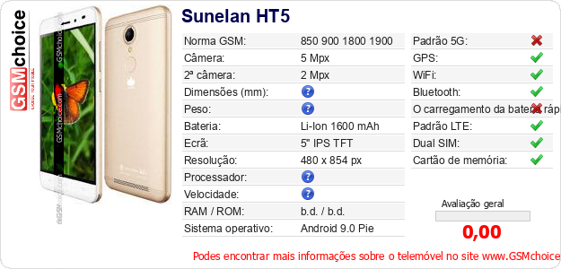 Sunelan HT5 Especificações técnicas do telemóvel 