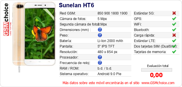 Sunelan HT6 Datos técnicos del móvil Sunelan HT6 Datos técnicos del móvil
