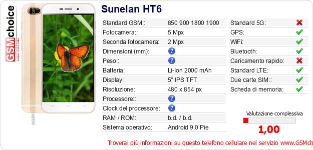 Sunelan HT6 Dati tecnici di telefono cellulare 