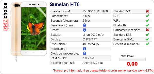 Sunelan HT6 Dati tecnici di telefono cellulare Sunelan HT6 Dati tecnici di telefono cellulare