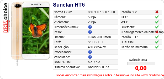 Sunelan HT6 Especificações técnicas do telemóvel 