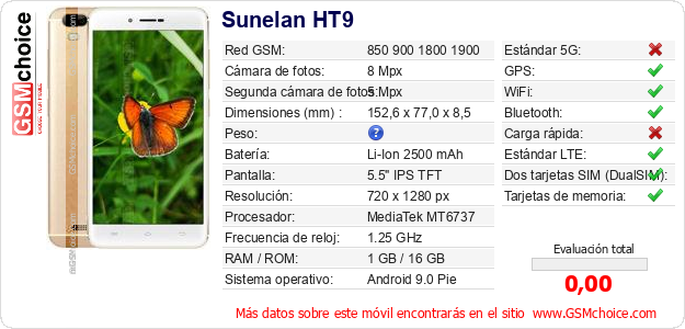 Sunelan HT9 Datos técnicos del móvil Sunelan HT9 Datos técnicos del móvil