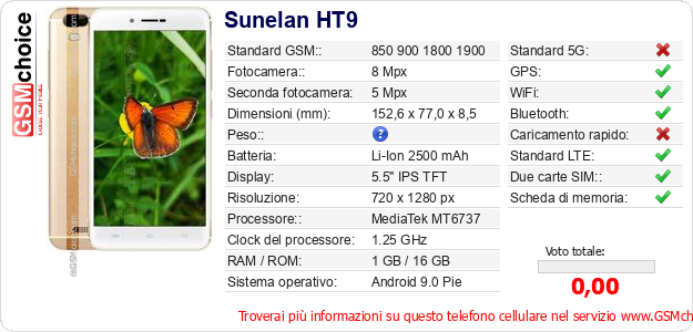 Sunelan HT9 Dati tecnici di telefono cellulare Sunelan HT9 Dati tecnici di telefono cellulare