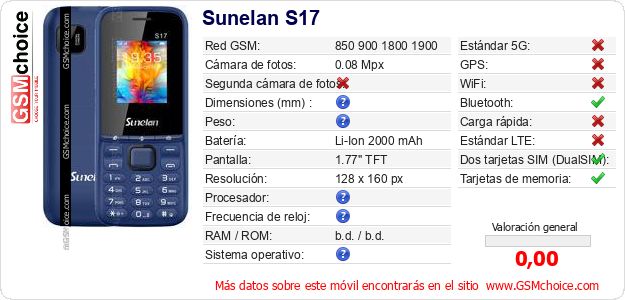 Sunelan S17 Datos técnicos del móvil Sunelan S17 Datos técnicos del móvil