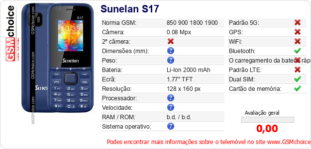 Sunelan S17 Especificações técnicas do telemóvel Sunelan S17 Especificações técnicas do telemóvel