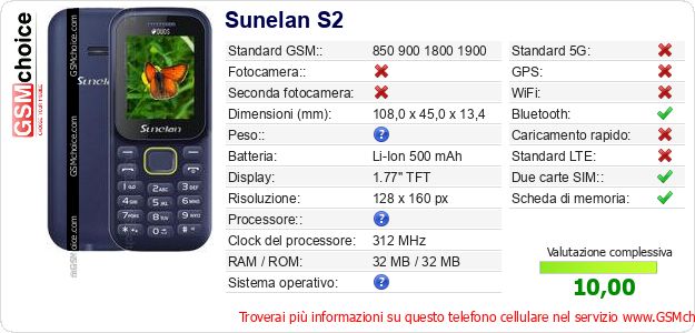 Sunelan S2 Dati tecnici di telefono cellulare Sunelan S2 Dati tecnici di telefono cellulare