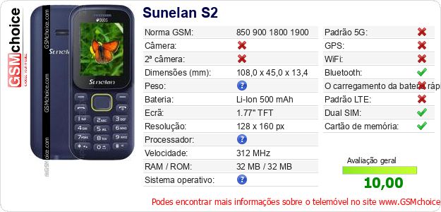 Sunelan S2 Especificações técnicas do telemóvel 