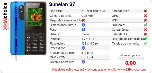Sunelan S7 Datos técnicos del móvil Sunelan S7 Datos técnicos del móvil