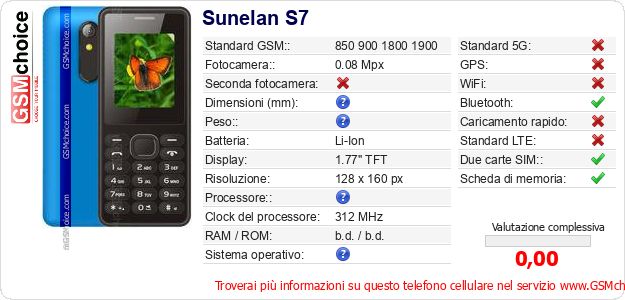 Sunelan S7 Dati tecnici di telefono cellulare 
