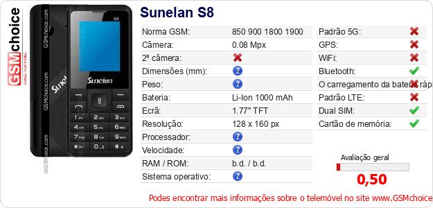 Sunelan S8 Especificações técnicas do telemóvel 