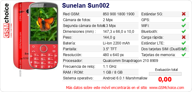 Sunelan Sun002 Datos técnicos del móvil 