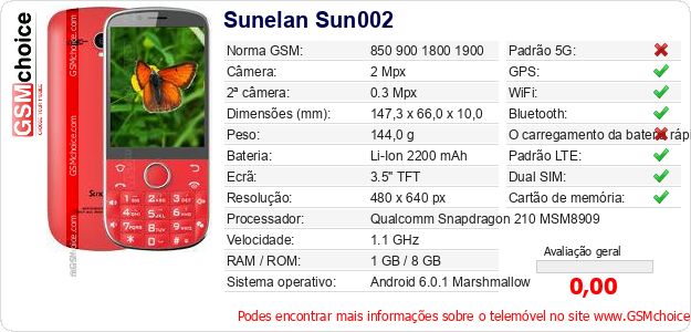 Sunelan Sun002 Especificações técnicas do telemóvel Sunelan Sun002 Especificações técnicas do telemóvel