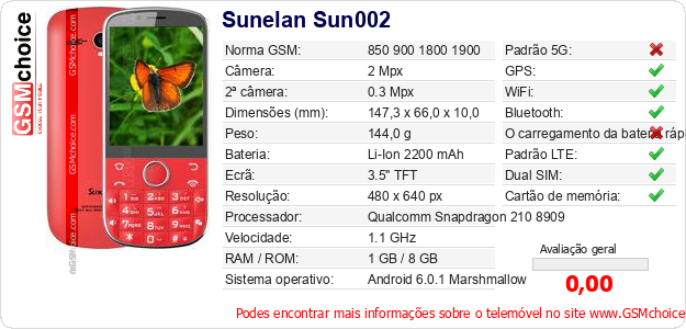 Sunelan Sun002 Especificações técnicas do telemóvel 