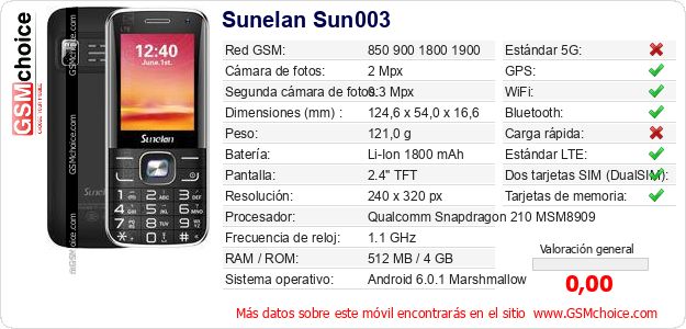 Sunelan Sun003 Datos técnicos del móvil 