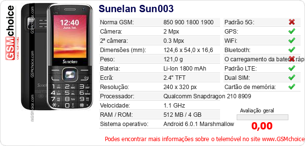 Sunelan Sun003 Especificações técnicas do telemóvel Sunelan Sun003 Especificações técnicas do telemóvel
