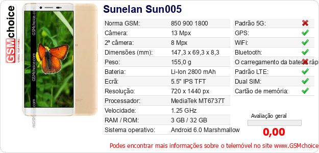 Sunelan Sun005 Especificações técnicas do telemóvel Sunelan Sun005 Especificações técnicas do telemóvel