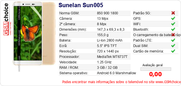 Sunelan Sun005 Especificações técnicas do telemóvel 