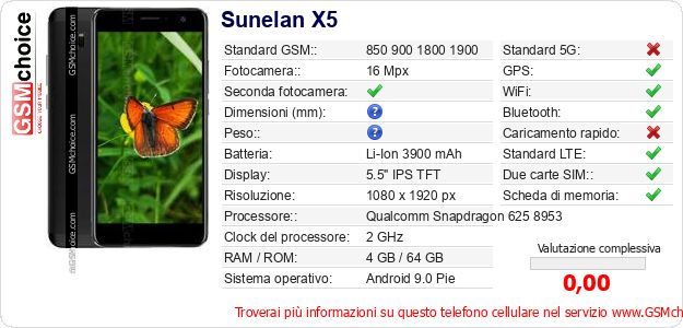 Sunelan X5 Dati tecnici di telefono cellulare Sunelan X5 Dati tecnici di telefono cellulare